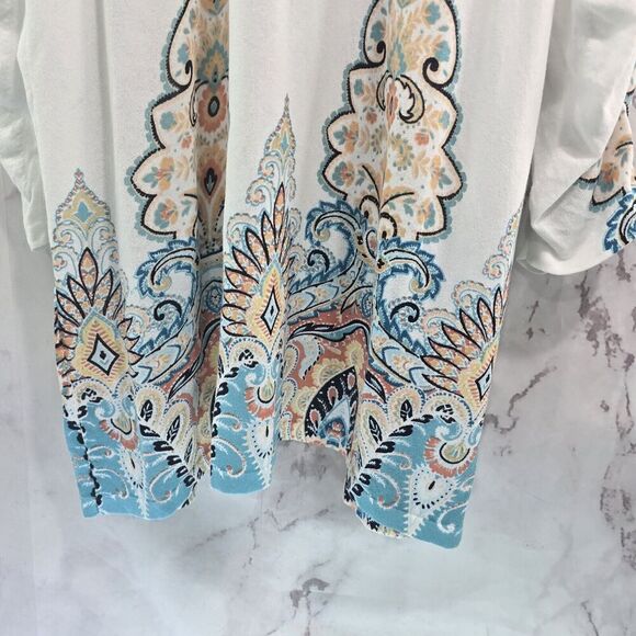 Chicos Cardigan Womens 3 XL White Blue Sweater Lightweight Ruched Sleeve Artsy - Picture 8 of 12